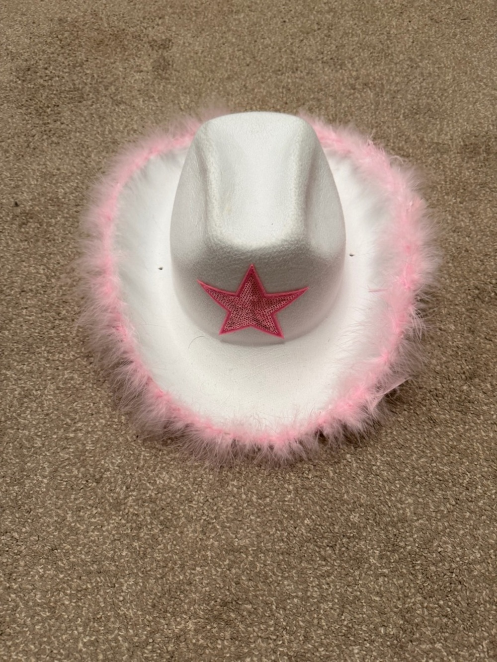 White Cowboy Hat with Pink Feather Trim and Pink Star Accent